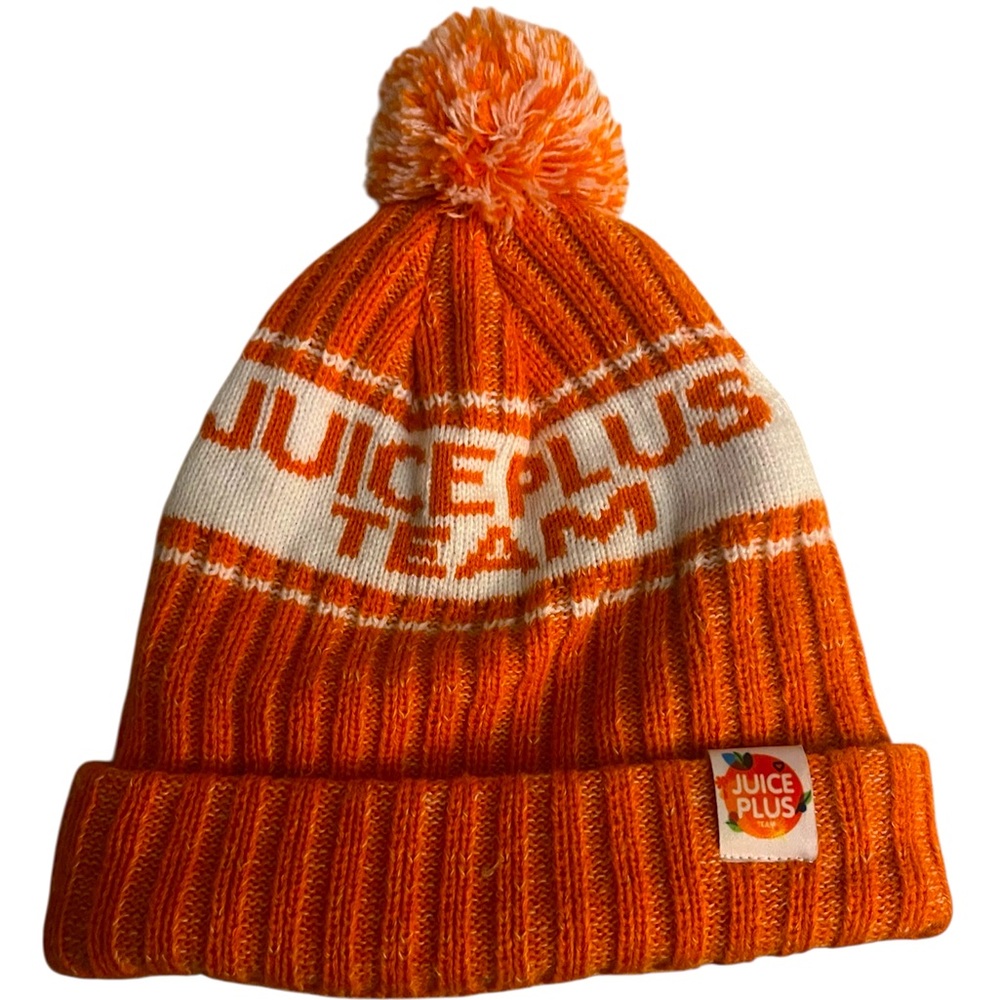🧡🍑Juice Plus Team Orange / White Knit Pom Pom Winter Hat - NICE !! OSFA Adult